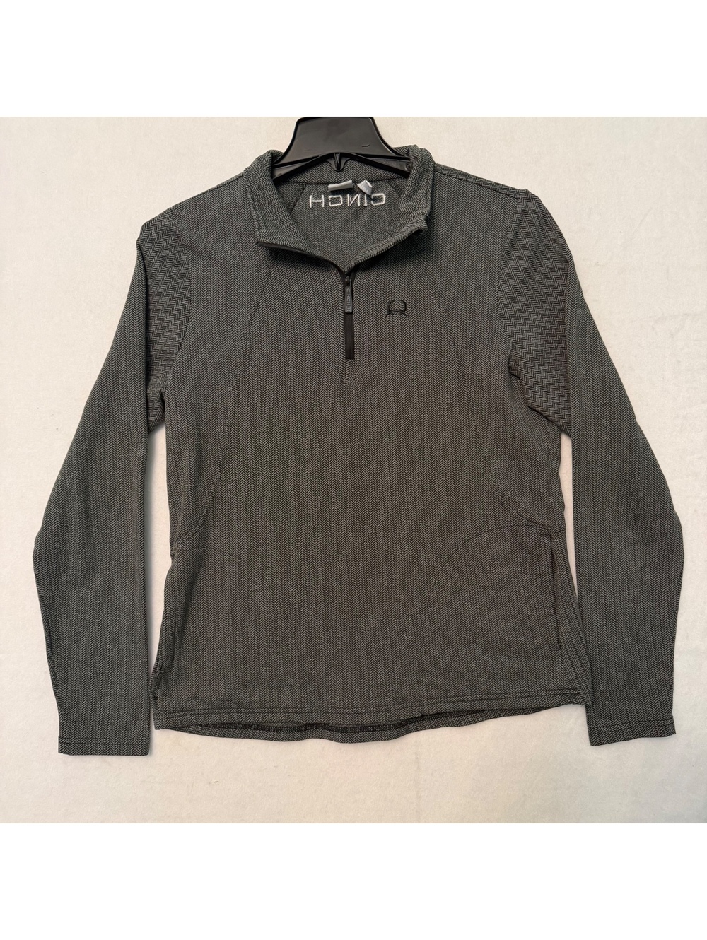 Cinch 1/4 Zip Pullover Men's MEDIUM Gray Black Herringbone Long Sleeve